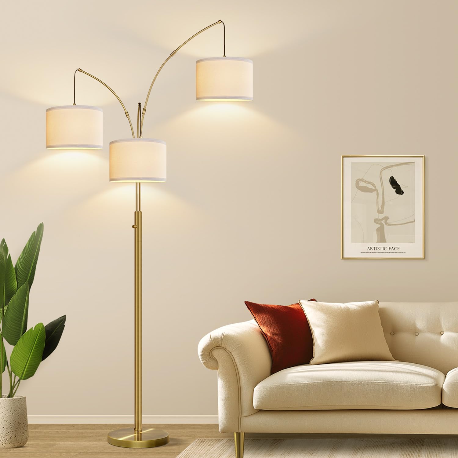 Dimmable Floor Lamp, 3 Light Brass Arc Floor Lamp, Modern Tall Standing Tree Lamp with White Linen Shades & Heavy Base, 3000LM LED Bulbs…