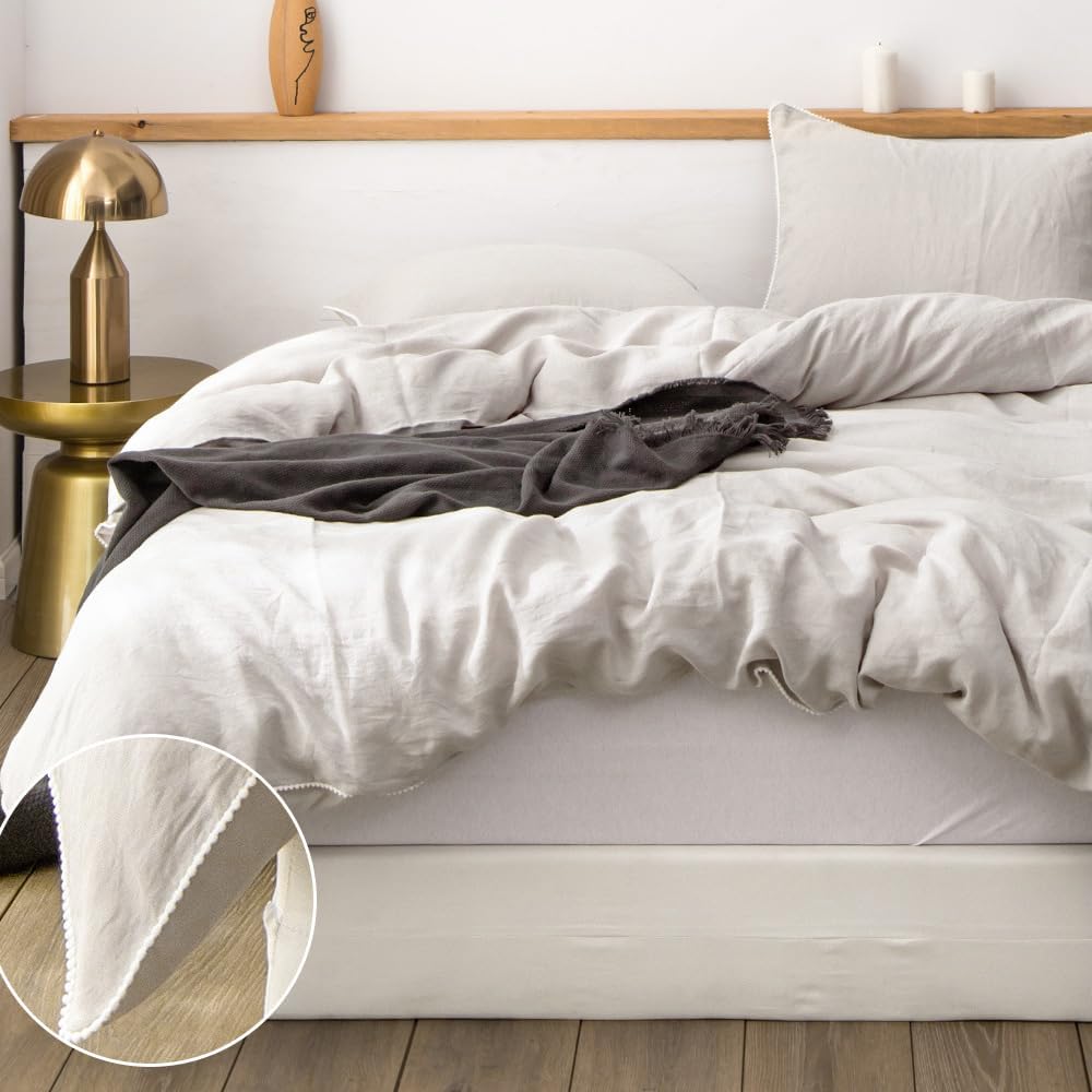 Simple&Opulence 100% Washed Linen Duvet Cover with Pom Pom Trim, Natural French Flax Bedding Set Soft Breathable,1 Farmhouse…
