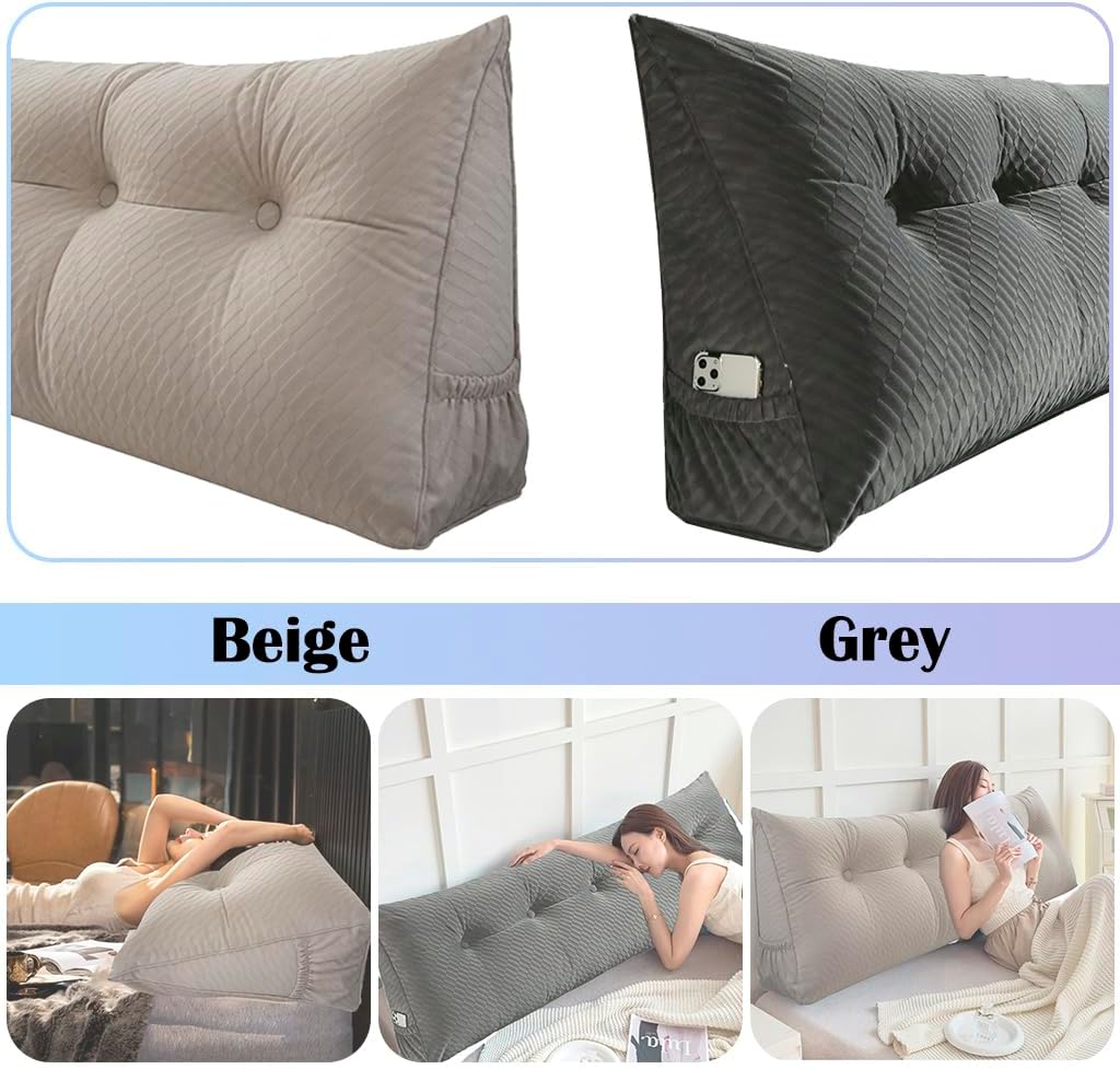 KCTVUIWS Triangular Headboard Pillow with Removable Cover & Side Pockets, Twin Bed Wedge Pillow for Headboard, Daybed Sitting Backre…