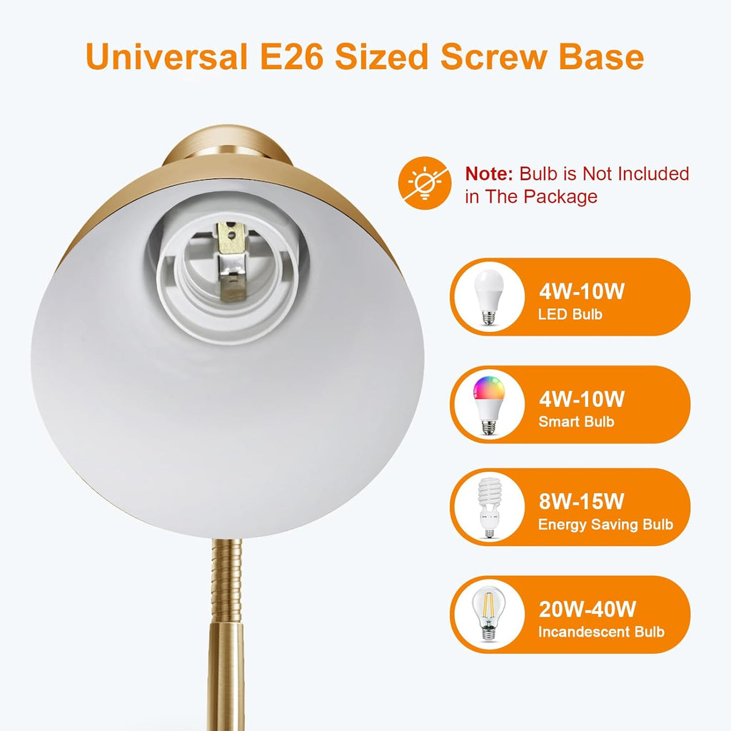 LEPOWER Metal Desk Lamp, Adjustable Goose Neck Table Lamp, Eye-Caring Study Desk Lamps for Bedroom, Study Room and Office (Gold)