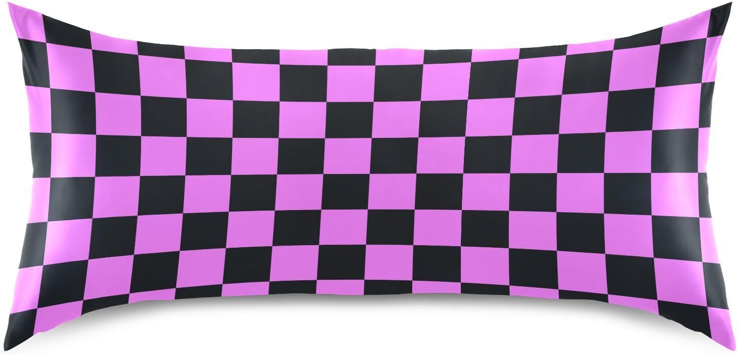 Checkerboard Black Purple Color Plaid Print Pillow Covers Silk Pillowcase for Hair and Skin Breathable Soft Satin Pillowcase Queen Size…