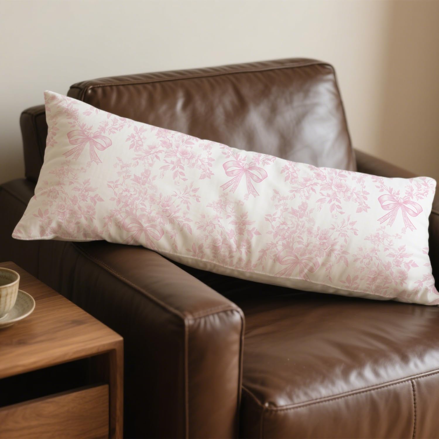 Chinoiserie Pink and White Floral 20x54 Body Pillow Cover, Chinoiserie Decor, Pink Coquette Bow Flowers Grand Millenial Decorative Long…
