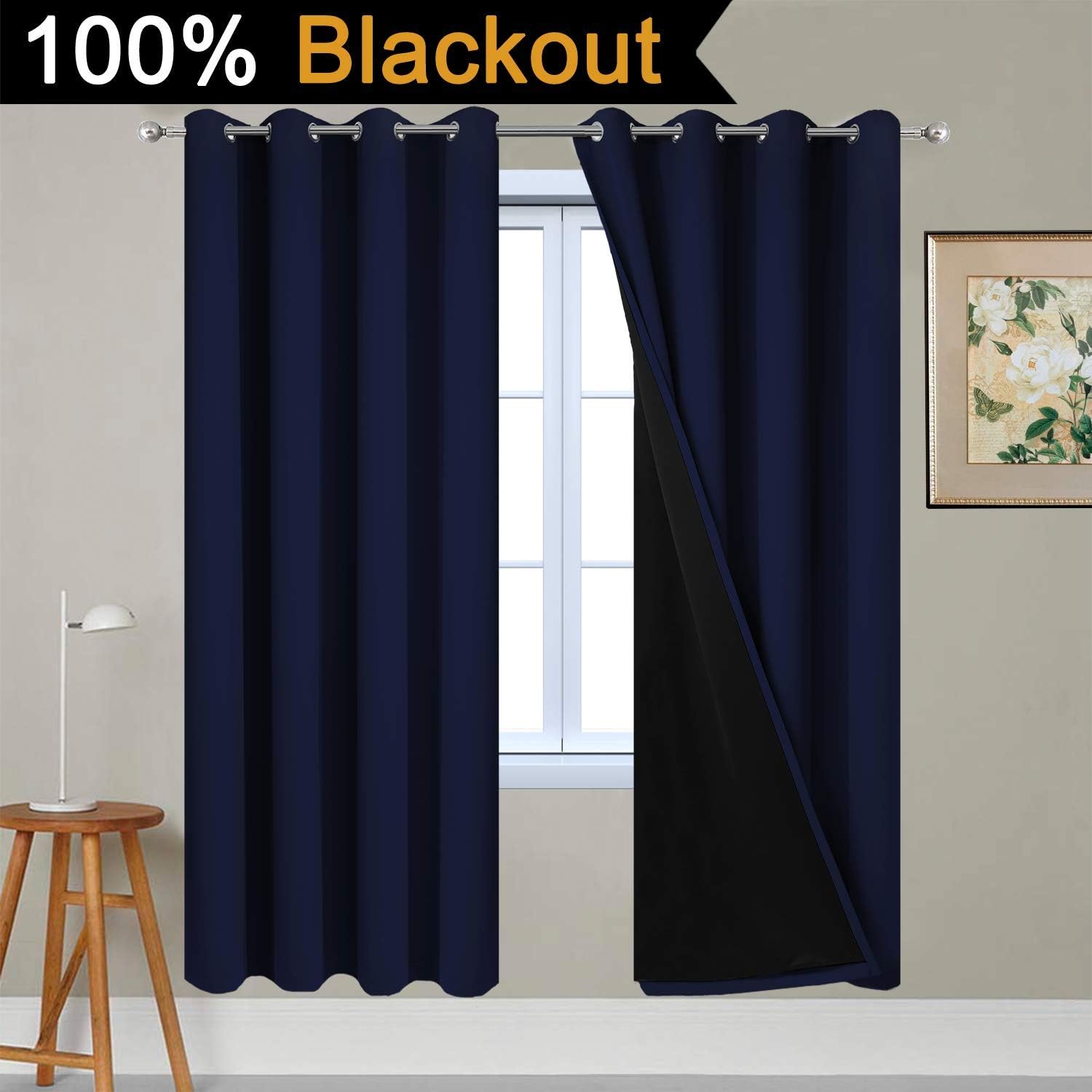 Yakamok 100% Blackout Curtains with Black Liners, Thermal Insulated Full Blackout 2-Layer Lined Drapes Room Darkening Curtain Panel for Bed…
