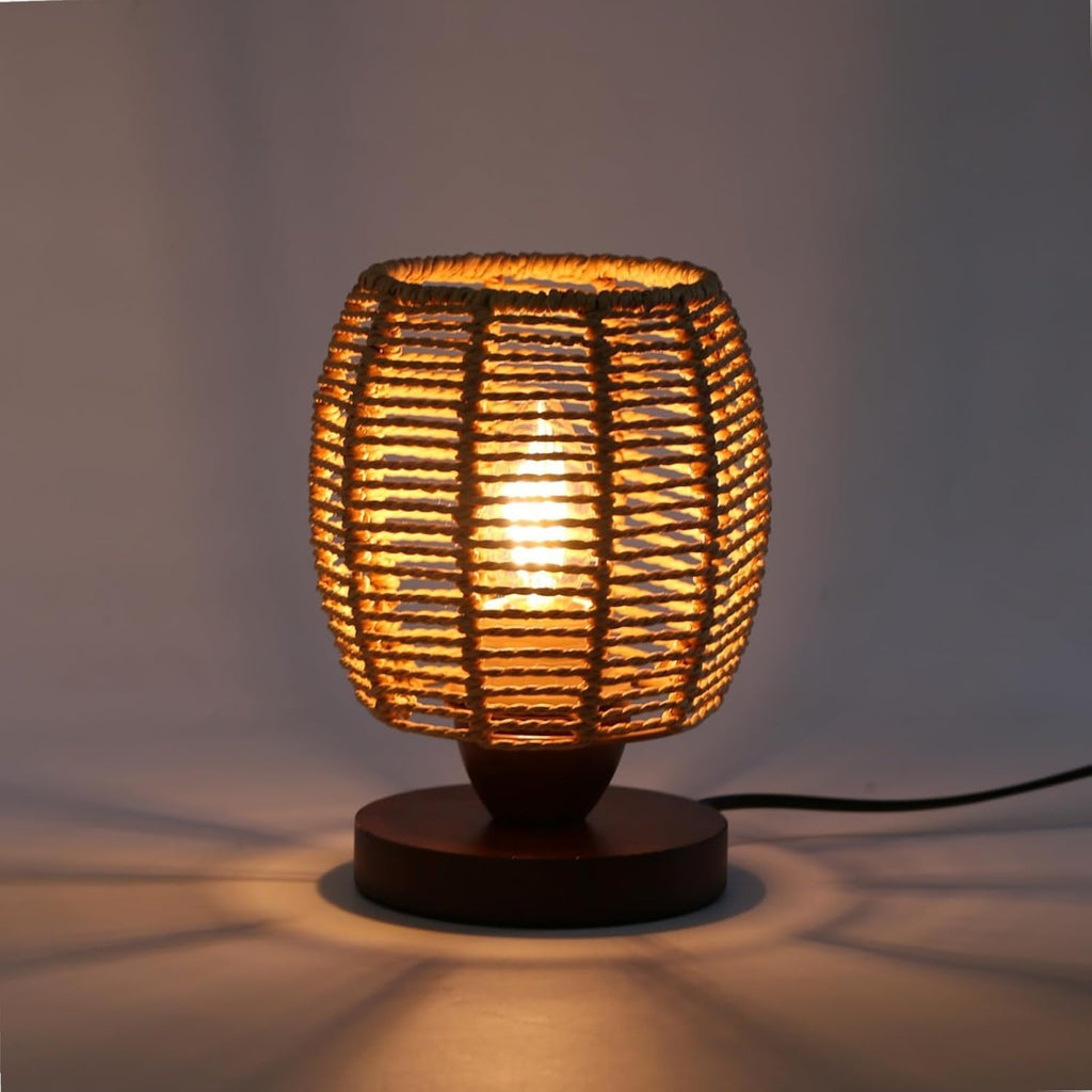 Rattan Table Lamp, Boho Small Beside Lamp, Farmhouse Table Lamp for Room Decor, Vintage Wicker Wooden Nightstand Bamboo Woven End Table…