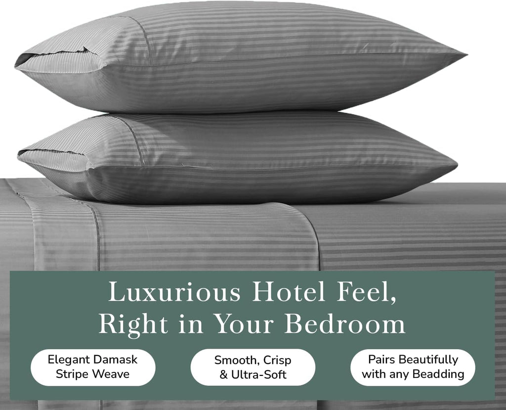 Featherstitchnewyork Feather & Stitch 100% Cotton Standard Pillow Covers Set of 2, 500TC Envelope Closure Pillowcases, Soft Luxury Damask S…