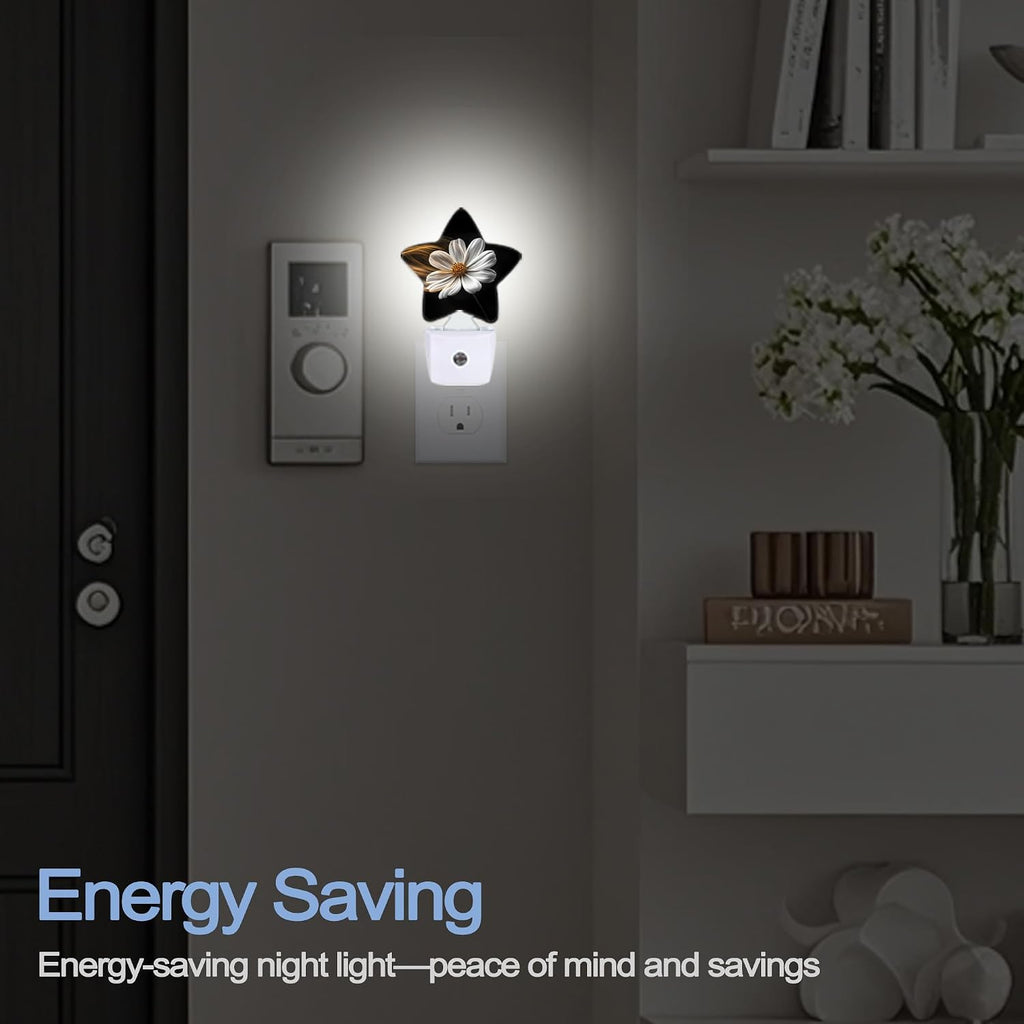 Snowmolle White Daisy Flower Dusk to Dawn Star Night Light, Abstract Floral Smart Sensor Nightlight for Bedroom Kitchen Hallway Stairs, Plug-…