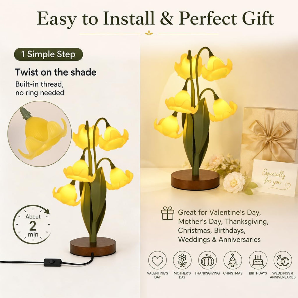 Flower Table Lamp for Bedroom, Cute Reading Light with 5 Yellow Magnolia Flower of The Valley, Desk Lamp Bedside Lamps for Nightstands…