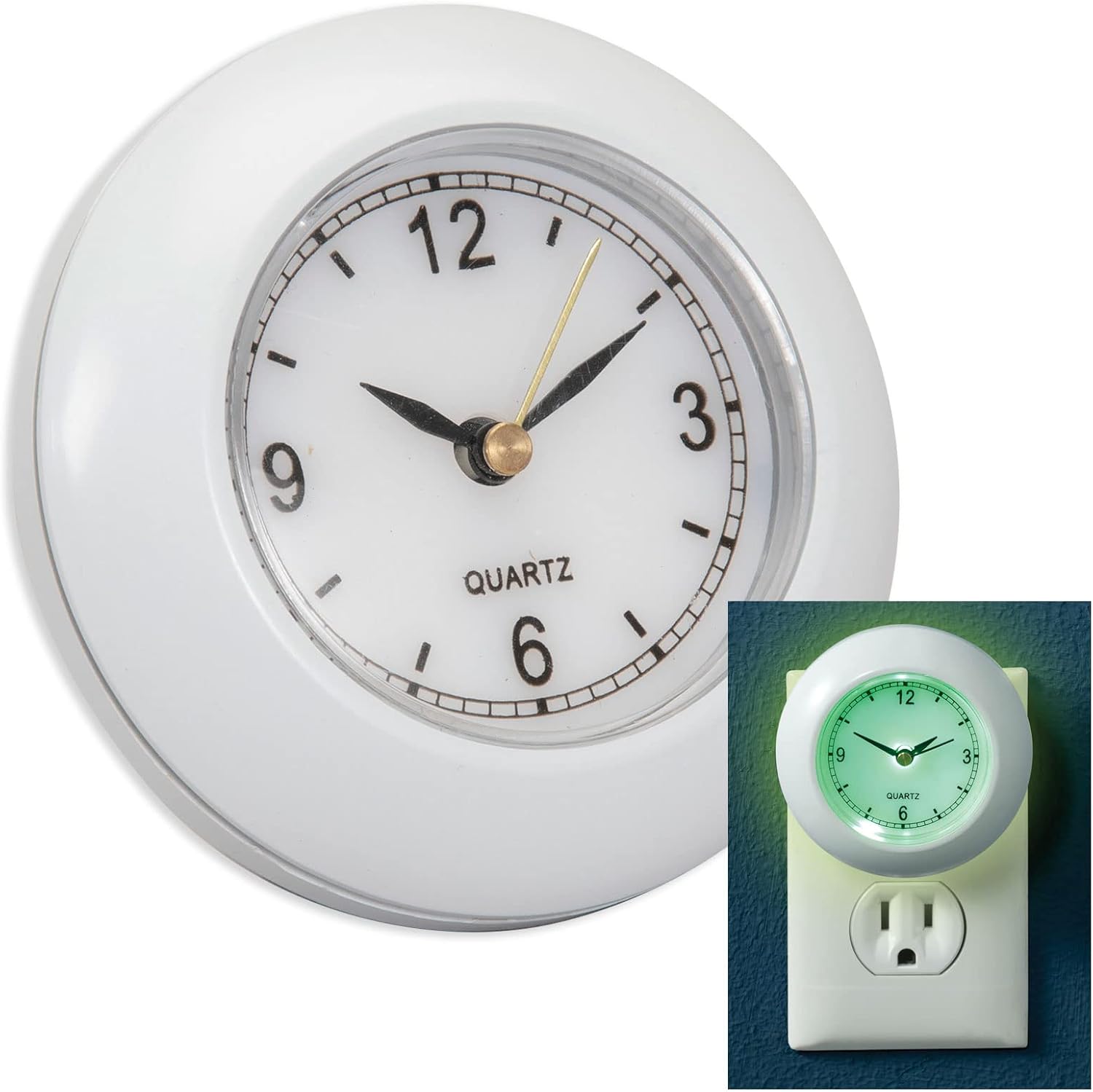 Bits and Pieces Plug in Night Light with Clock - Glow in The Dark, Bathroom Night Light, Battery Backup, Energy Efficient, 3" Analog…