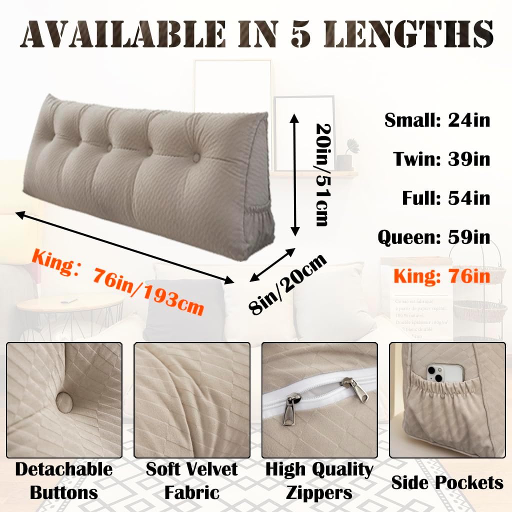 KCTVUIWS Triangular Headboard Pillow with Removable Cover & Side Pockets, Large King Bed Wedge Pillow for Headboard, Daybed Sitting…
