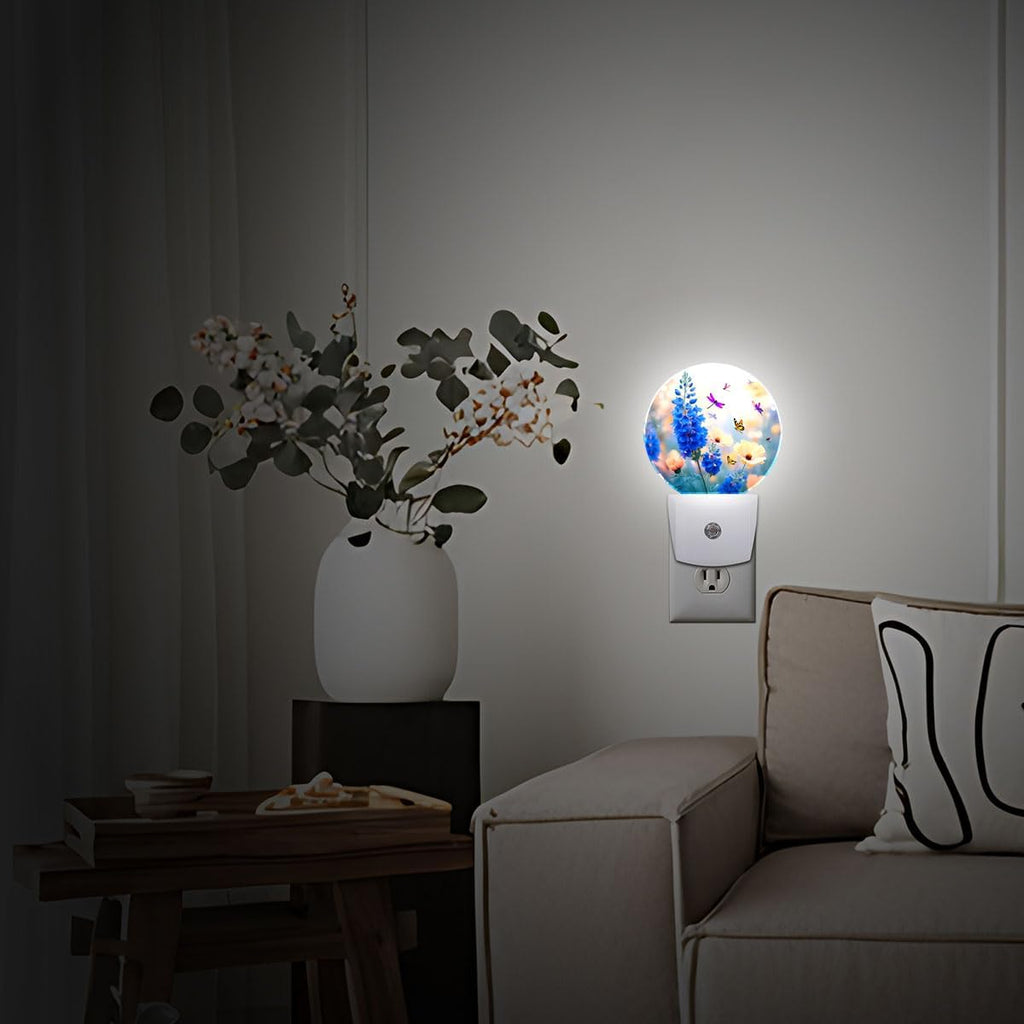 Blue Flower Butterfly Dragonfly Night Light Plug-in Sleep Lamp Led Dusk to Dawn Night Light for Bedroom