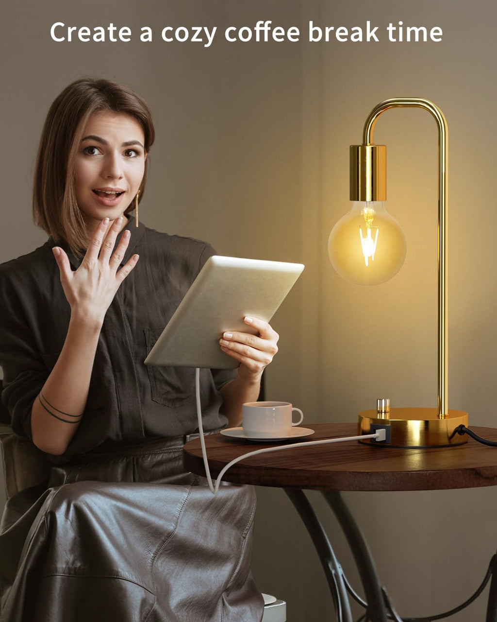 ONEWISH Industrial Table Lamp with 2 USB Port, Stepless Dimmable Nightstand Bedside Lamps for Bedroom, Desk Lamps with 2700K Gold Gradient…