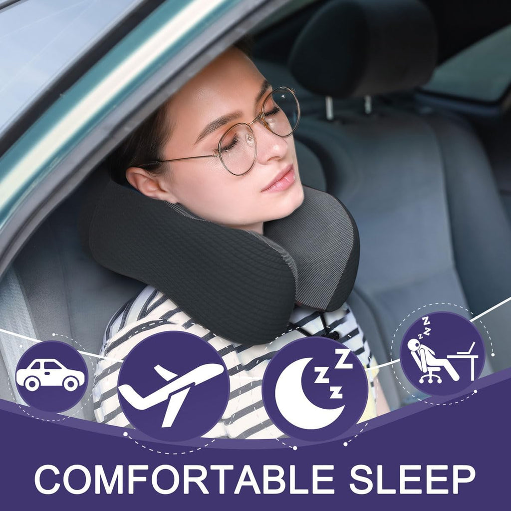 napfun Neck Pillow for Travel with Travel Pouch, Sleep Mask & Earplugs, Memory Foam Airplane Pillow for Headrest Sleep with Eyeshades…
