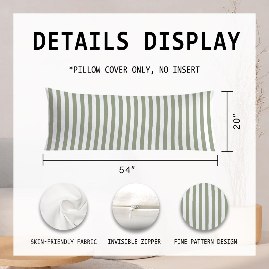 Sage Green Striped 20x54 Body Pillow Cover, Preppy Room Dorm Decor, Sage Green and White Line Decorative Long Body Pillow Cases for Bed…