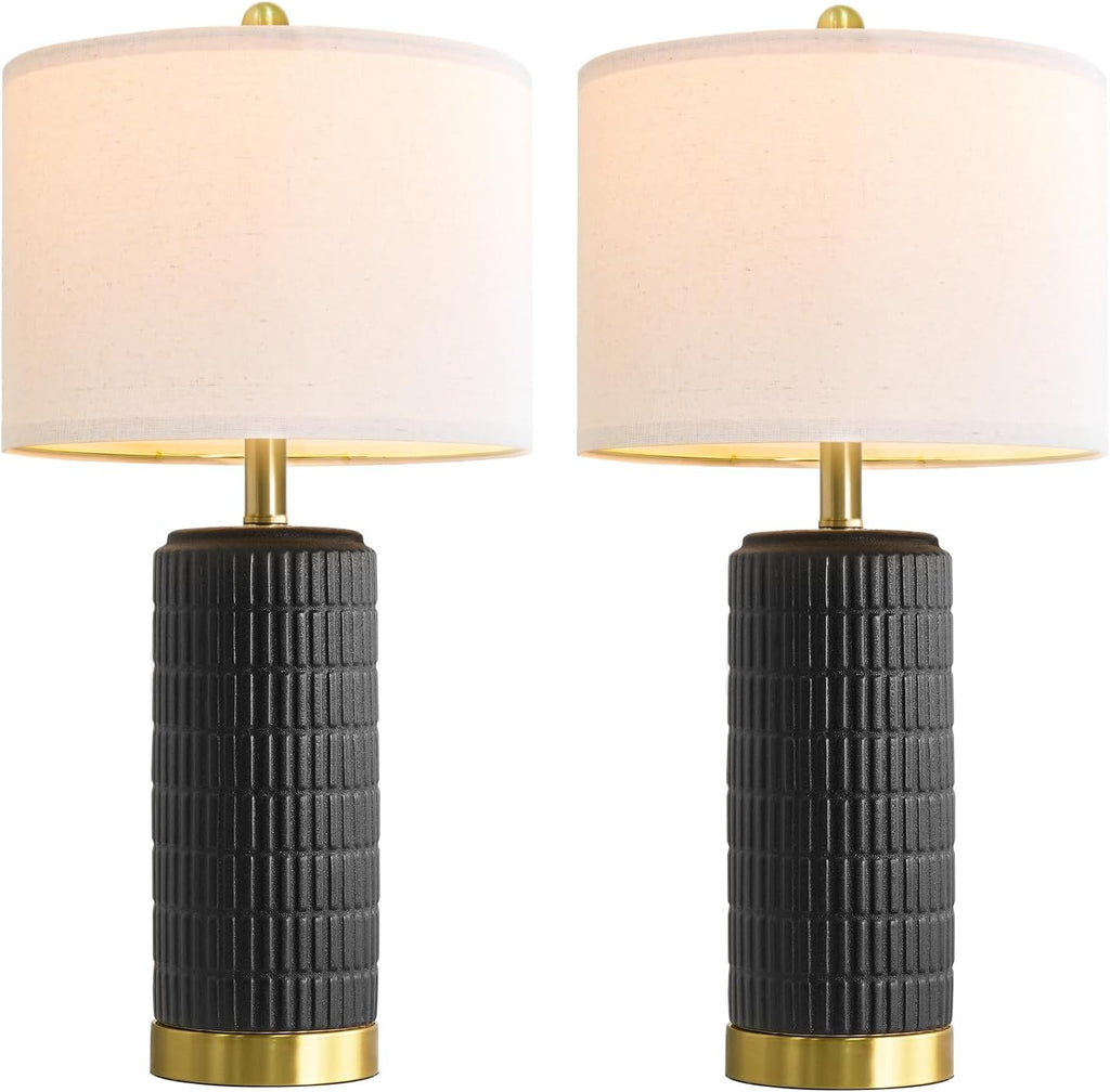 PoKat 25'' Black Ceramic Table Lamps Set of 2 with Gold Base for Bedroom Living Room, Farmhouse Matte-Textured Bedside Lamps for…