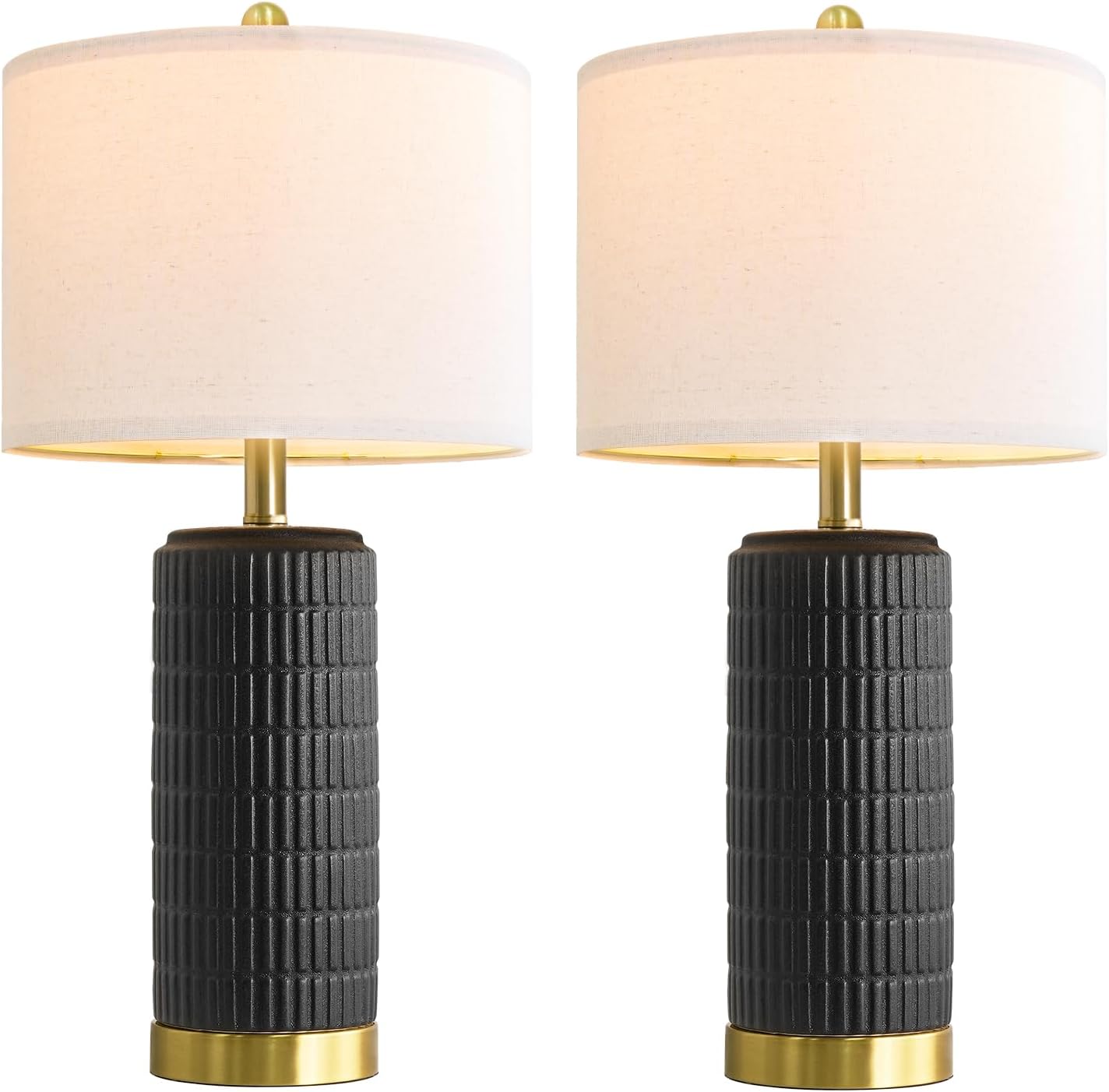 PoKat 25'' Black Ceramic Table Lamps Set of 2 with Gold Base for Bedroom Living Room, Farmhouse Matte-Textured Bedside Lamps for…