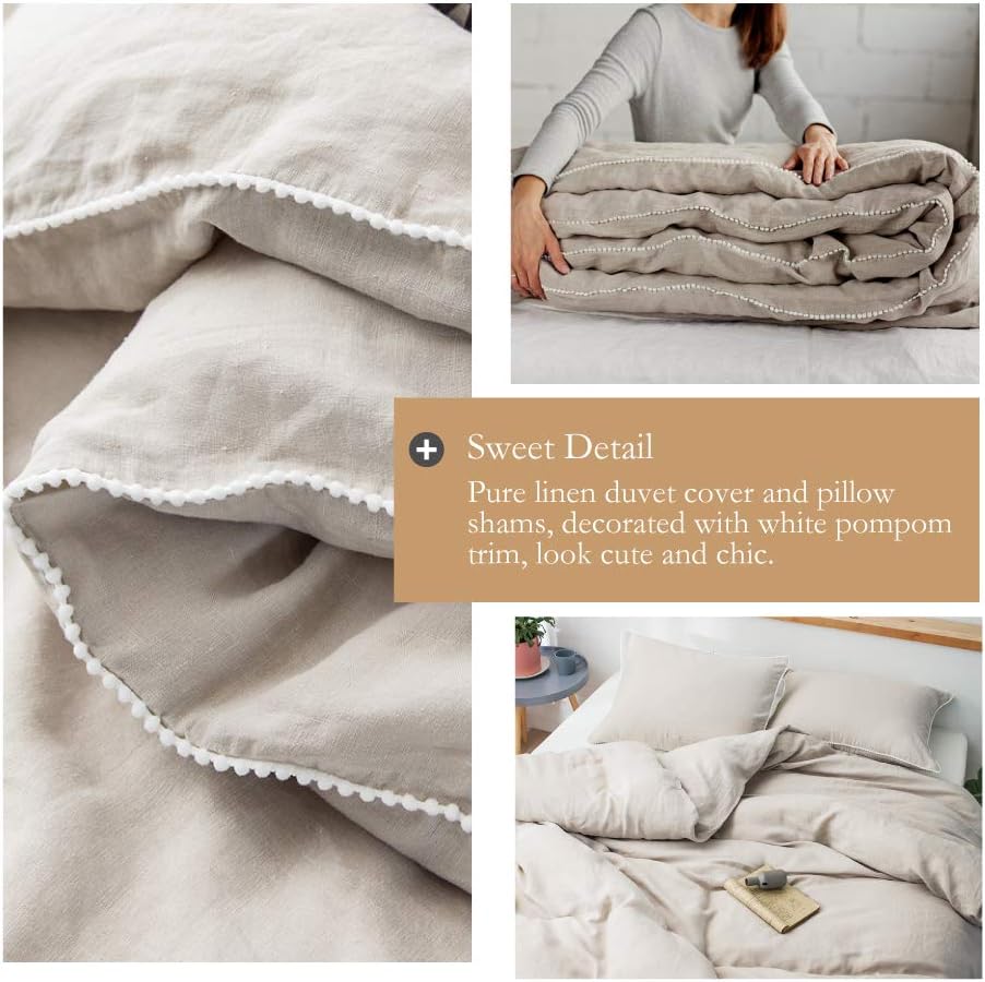 Simple&Opulence 100% Washed Linen Duvet Cover with Pom Pom Trim, Natural French Flax Bedding Set Soft Breathable,1 Farmhouse…