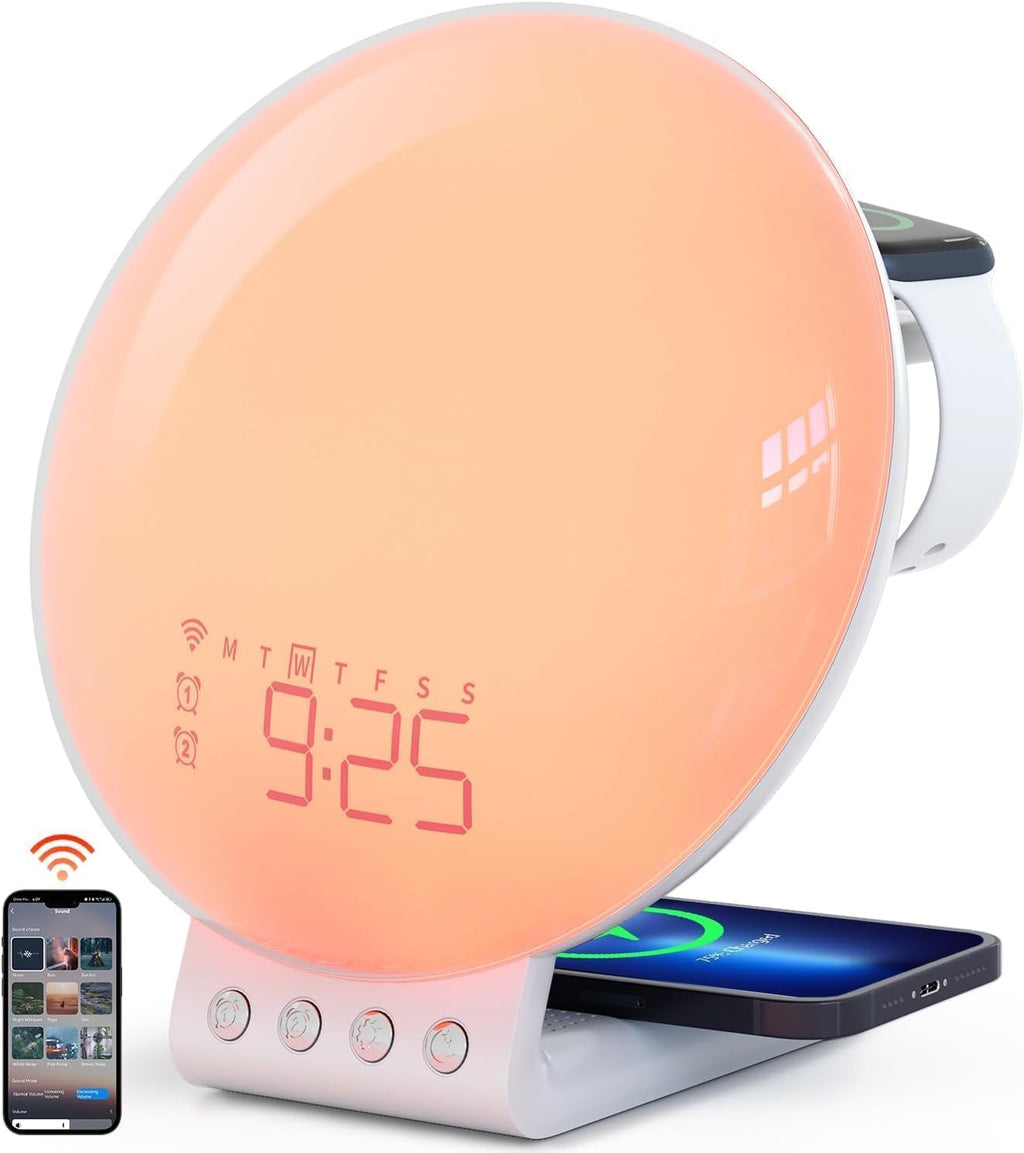 Dekala Smart Sunrise Alarm Clock with Wireless Charging for iPhone 14 13 12 Apple Watch AirPods Samsung, White Noise Sleep Sounds…