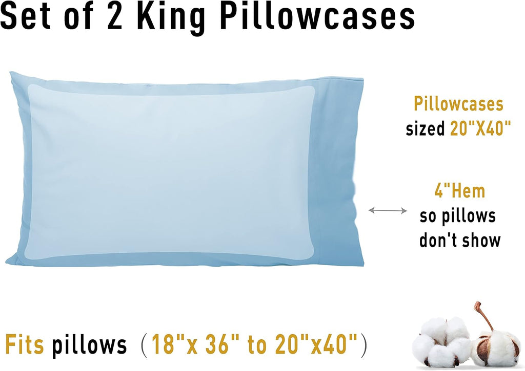 Sunflower King Pillowcases Set of 2, 100% Cotton King Pillow Cases 2, 20×40 inches Ashley Blue, Soft and Breathable