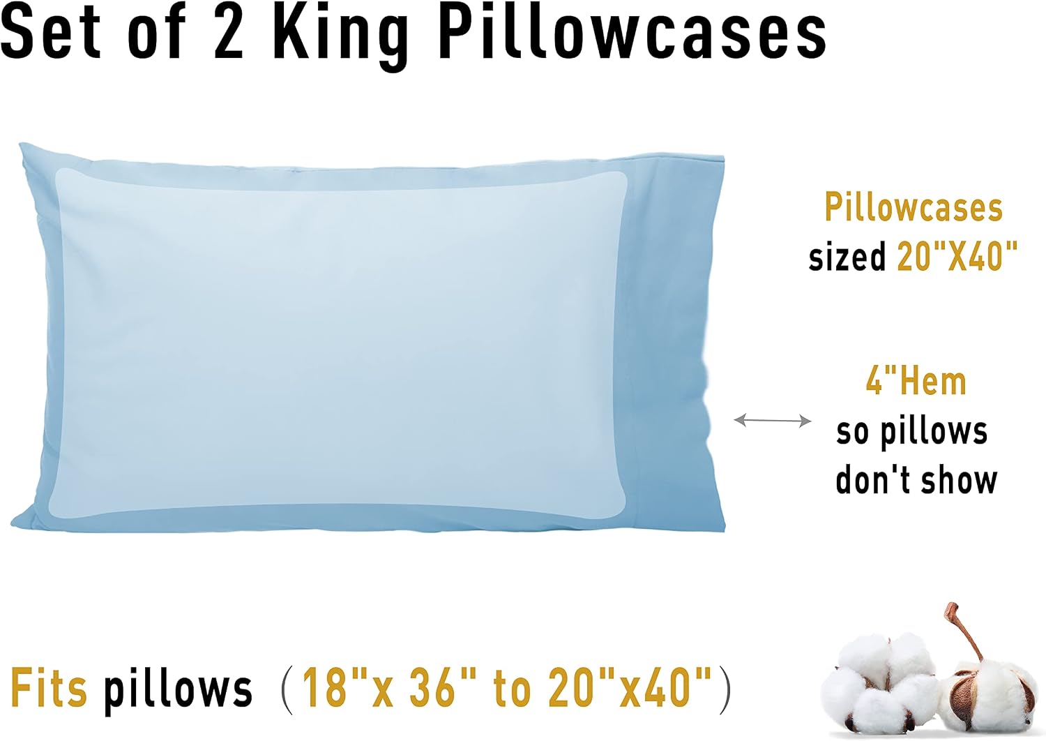 Sunflower King Pillowcases Set of 2, 100% Cotton King Pillow Cases 2, 20×40 inches Ashley Blue, Soft and Breathable