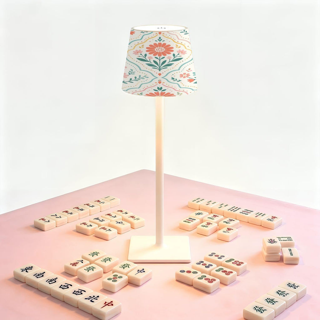 Cordless Mahjong Lamp Pastel Floral Damask Folk Art Flowers Geometric Tiles Small LED Lamp 3 Color Dimmable Rechargeable Lamps for Mah…