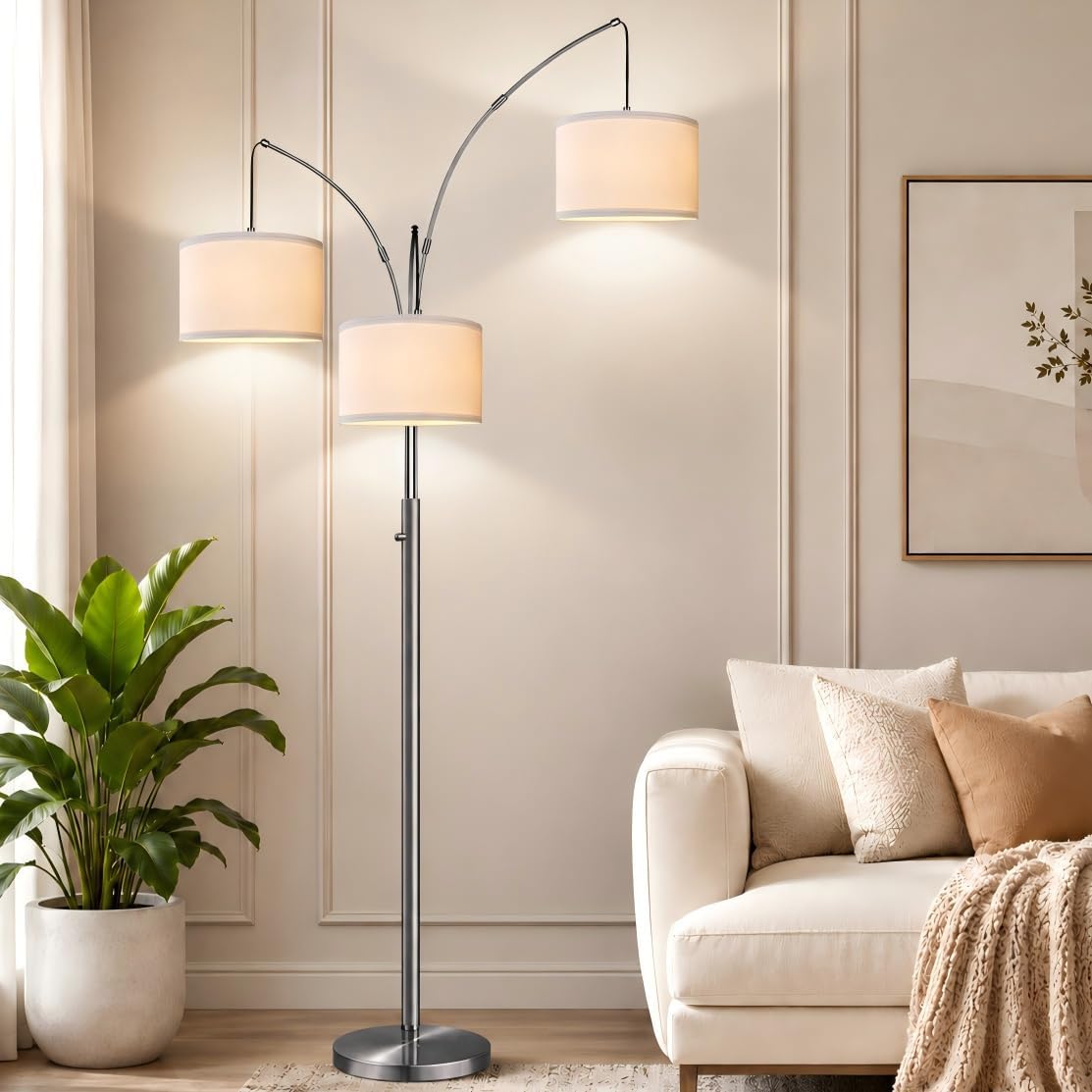 Nintiue Dimmable Floor Lamp - 3 Lights Brushed Nickel Arc Floor Lamps for Living Room,1000LM Modern Tall Standing Lamp with White…