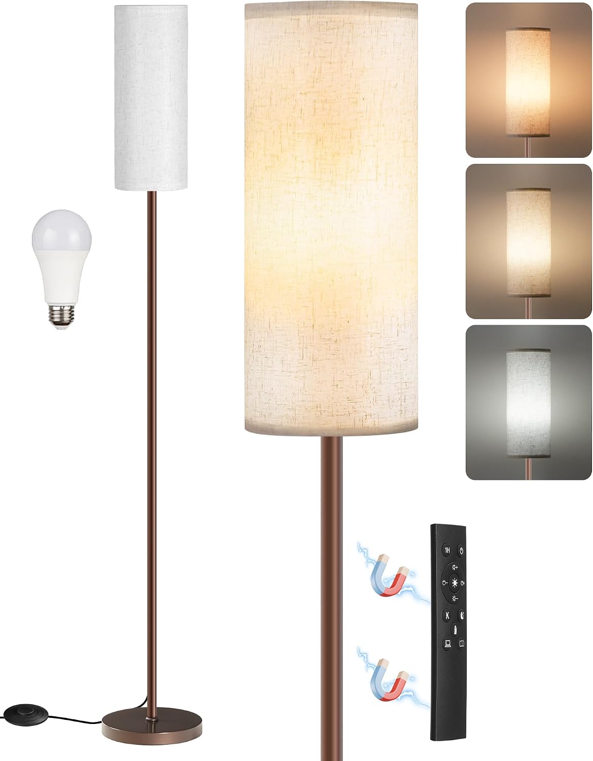 Dimmable Floor Lamps for Living Room with Remote and Foot Switch, 64.4” Modern Standing Tall Lamp, Corner Lamp for Bedroom, Office, Bulb…