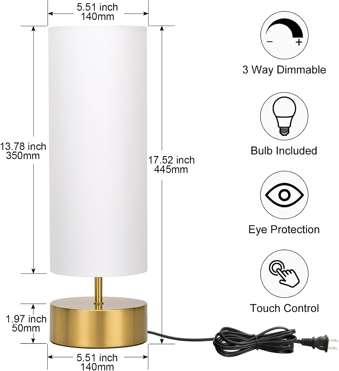 3-Way Dimmable Table Lamp, Touch Control Nightstand Lamp with White Lampshade, Gold Modern Bedside Touch Lamp Simple Side Table Lamp…