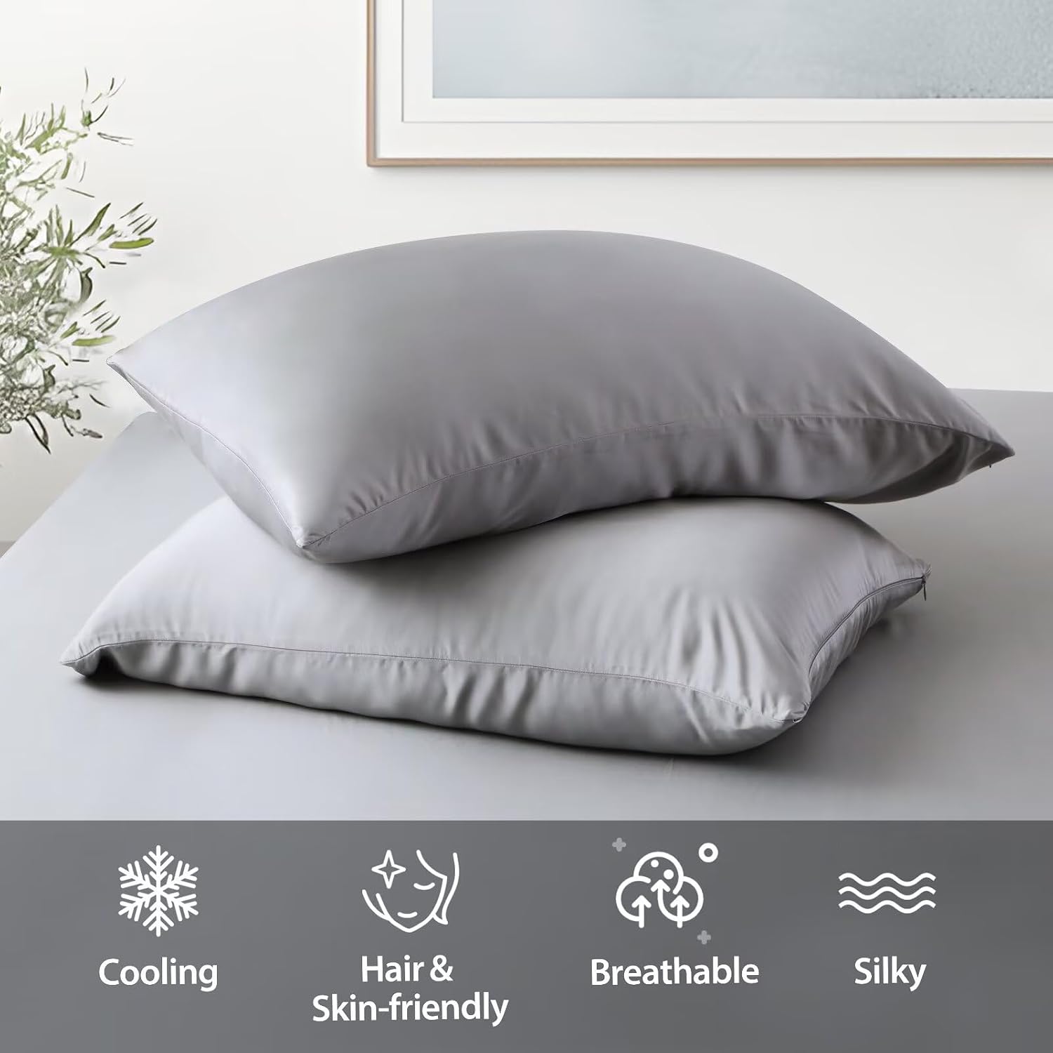 ShunjieHome 4 Pack Cooling Pillow Cases, Viscose Derived from Bamboo Pillow Protectors Queen Size Set of 4, 400 Thread Count Soft Silky Brea…