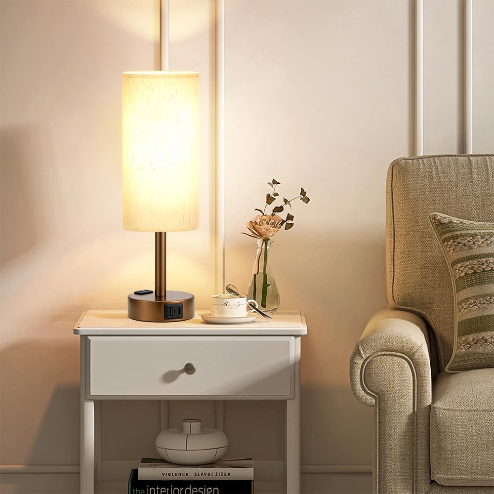 Fenmzee Brown Bedside Table Lamp for Bedroom - 3 Way Dimmable Touch Lamp USB C Charging Ports and AC Outlet, Small Lamp Round Flaxen…