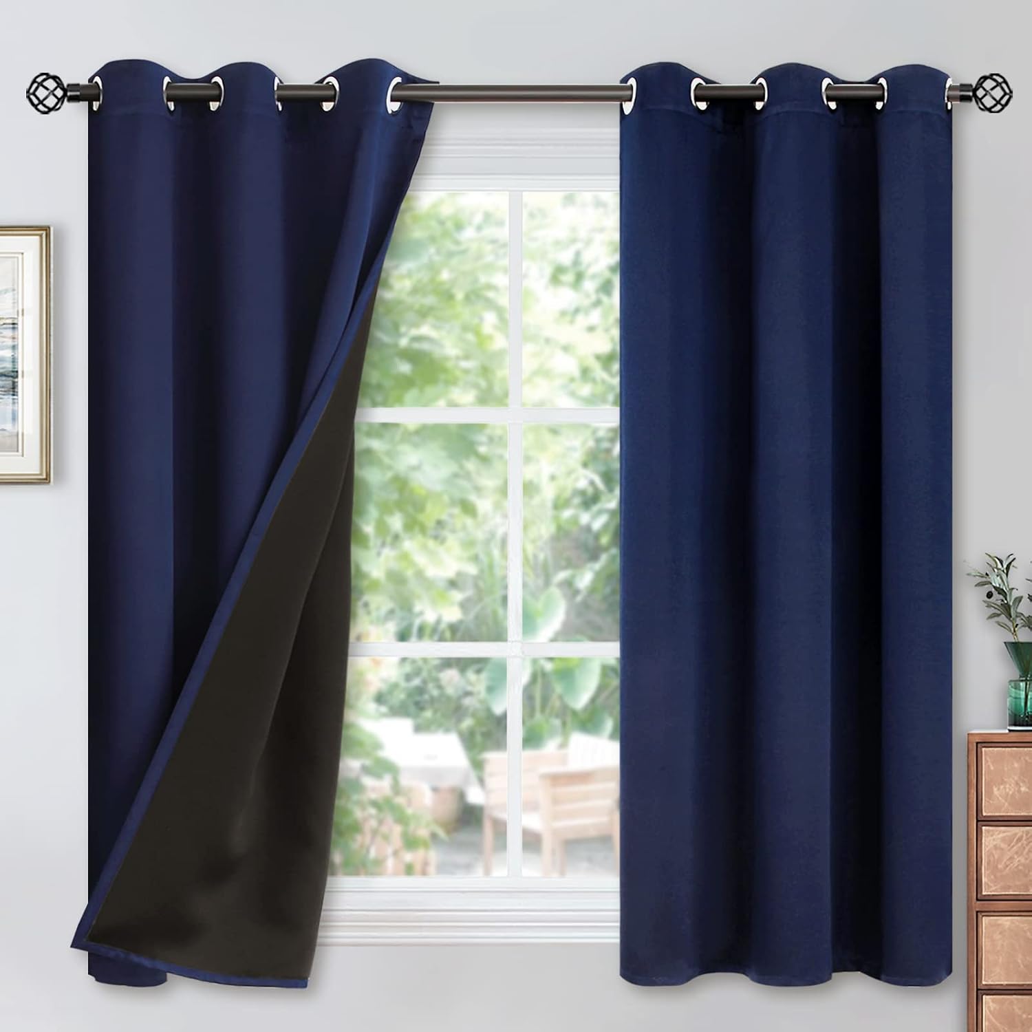 YoungsTex Navy Blue 100% Blackout Curtains for Bedroom, Short Thermal Insulated Black Out Drapes with Black Backing Room Darkening, 2 Panel…
