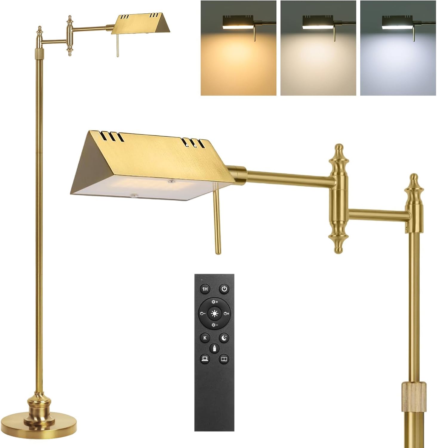 Dimmable Pharmacy Floor Lamp with Remote, 17W Gold LED Reading Floor Lamp with 360°Swing Arm, 3 Color Temperature, Height Adjustable…