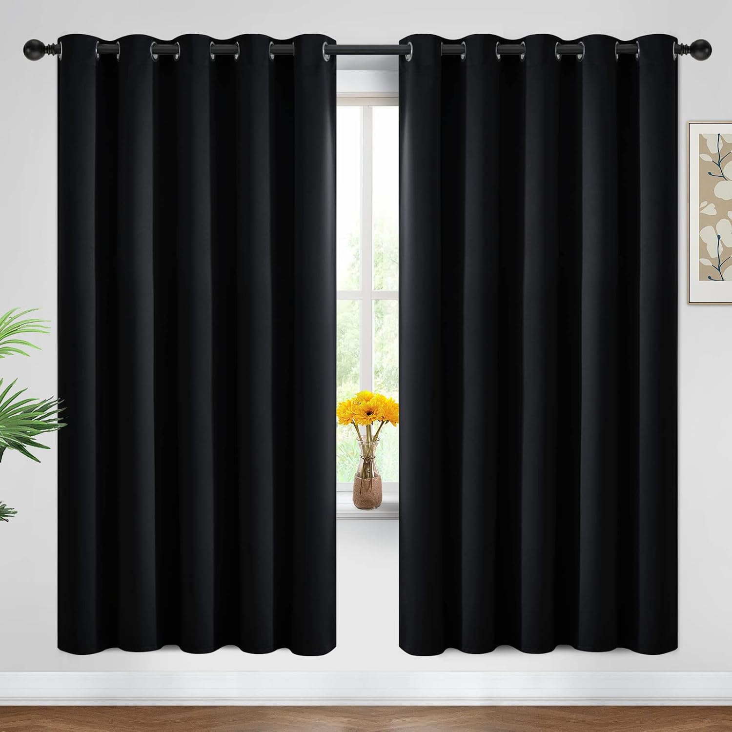 Yakamok Blackout Curtains Room Darkening Thermal Insulated Window Panels, Solid Grommet Top Drapes for Bedroom/Living Room(62Wx72L, Black…