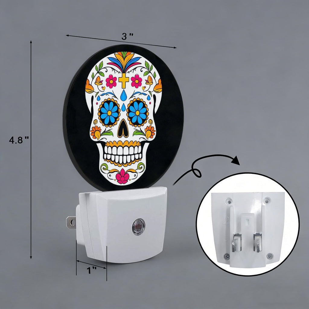 Skull Skeleton Head Halloween Dia De Los Muertos Night Light Plug Into Wall Auto Led Sleep Round Lamp for Living Room Hallway Stairs