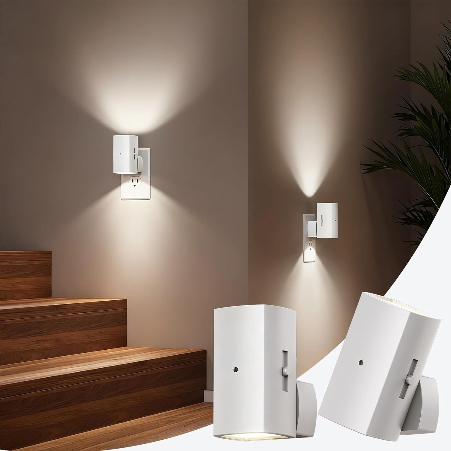 Brightown 2 Pack White Night Lights Plug into Wall, Modern Night Light with Rotating Plug, Dusk to Dawn Sensor, 0-100LM Stepless Dimming…