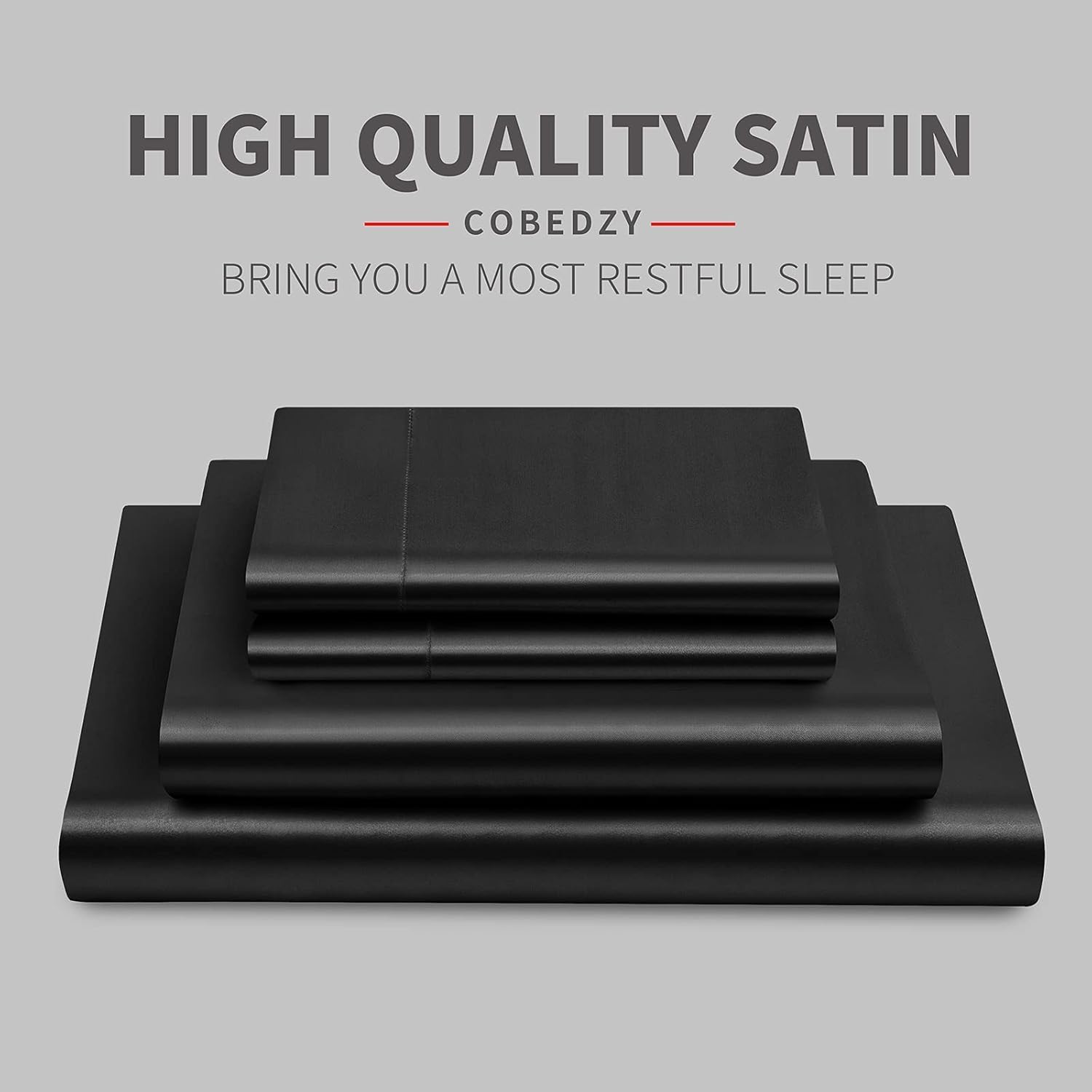 Cobedzy 3 Pcs Black Satin Sheets Twin XL Size Silky Satin Bedding Sheets Set with 1 Deep Pocket Fitted Sheet, 1 Flat Sheet, 1 Pillowcase 3…