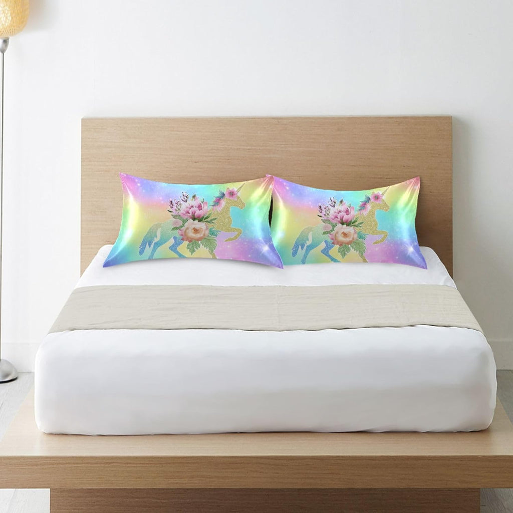 Blueangle Rainbow Unicorn Satin Pillowcase for Hair and Skin Silk Pillowcase, Standard Size(20x26 inches) - Satin Pillow Covers with…
