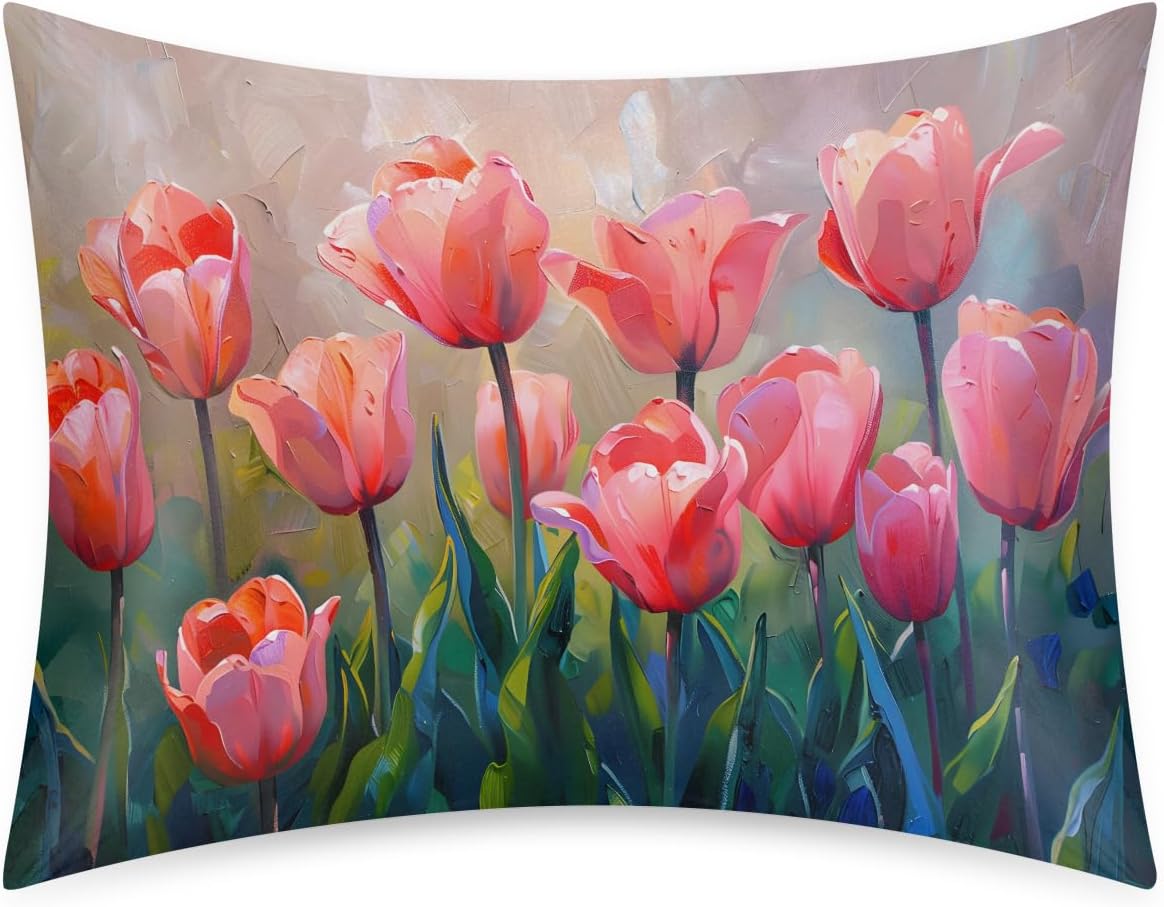 Beautiful Tulip Flower Satin Silk Pillowcase for Hair and Skin Pillow Cases Standard Size Soft Silk Pillow Case with Envelope Closure…