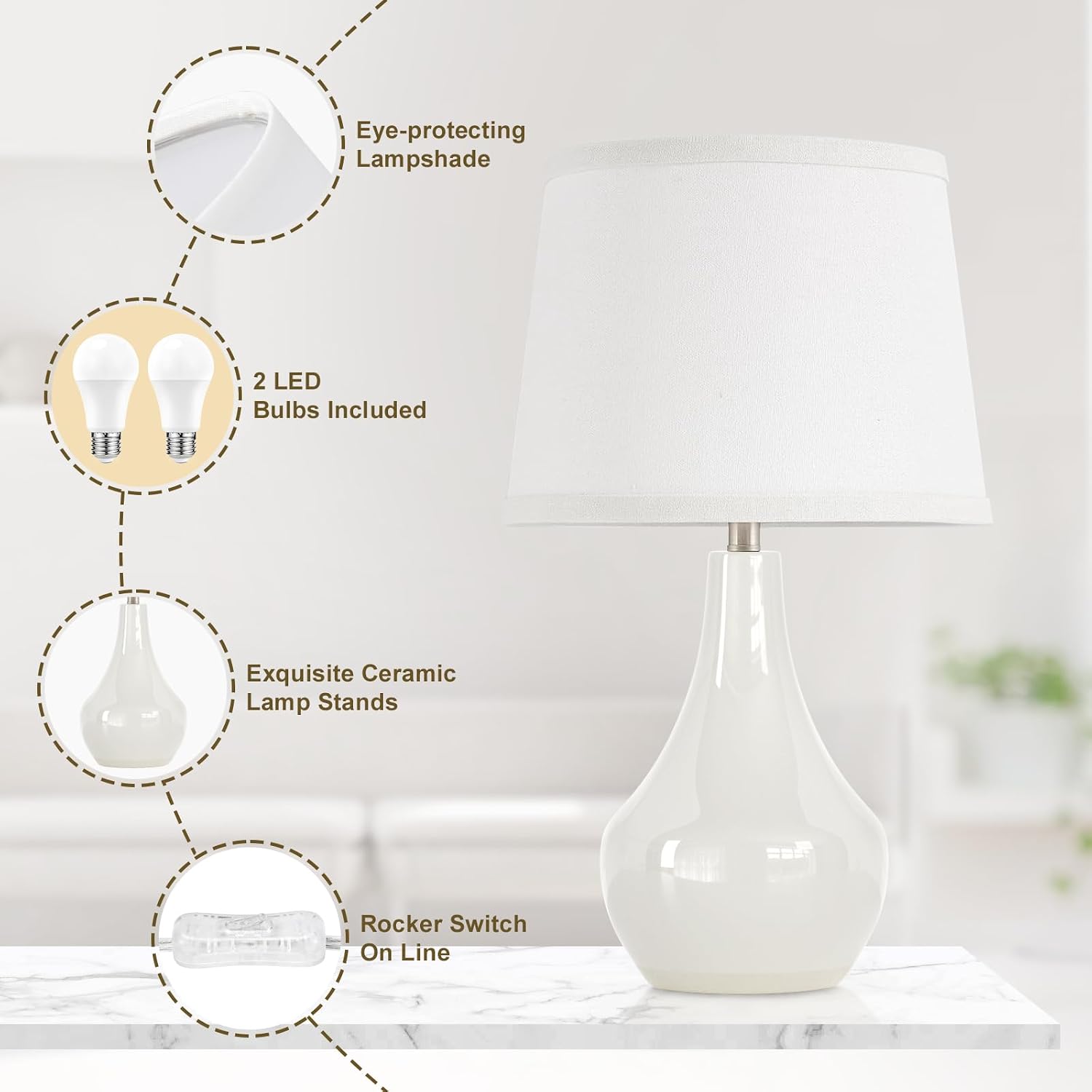 Seealle Modern Ceramic Table Lamps for Night Stands - Bedside Lamps Set of 2 for Nightstand, 19.4" White Bedroom Lamp for Living Room…