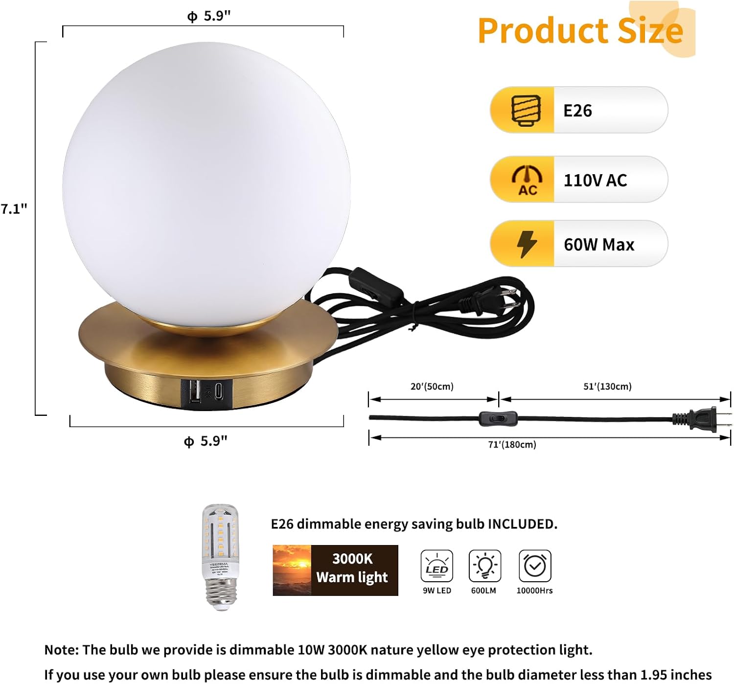 Touch Bedside Table Lamp, Brushed Gold Modern Small Nightstand Lamp for Bedroom Living Room Kids Room, Milky White Globe Glass Desk Lamp…