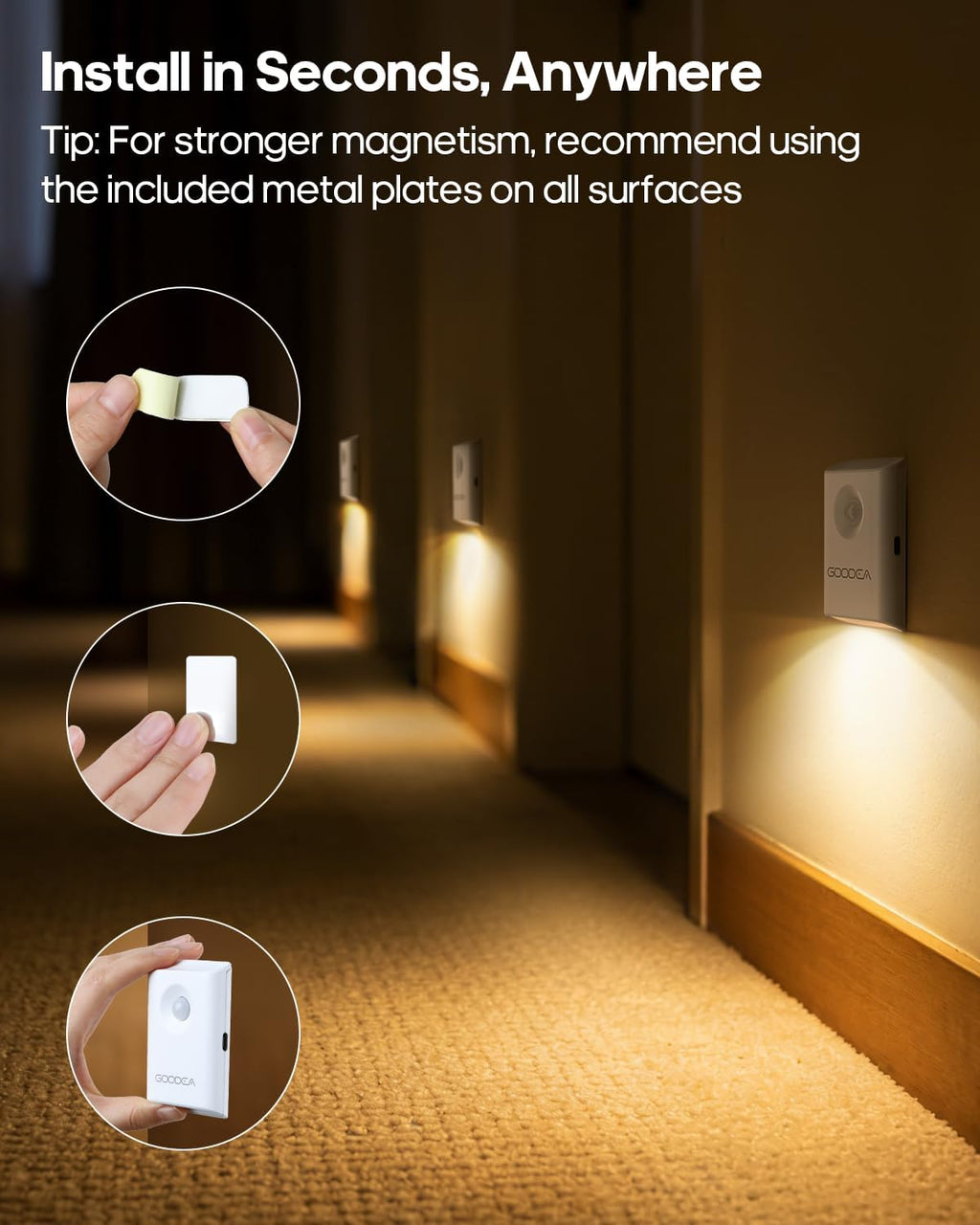 Rechargeable Battery Night Light with Motion Sensor, Wireless, Magnetic & Dimmable Stair Light, Portable Mini 3000K Warm White Stick-on…