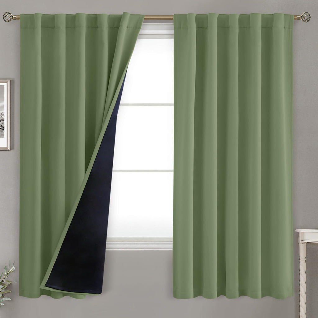 BGment Grass Green 100% Blackout Curtains 63 Inch Length with Reducing Noise Liner, Rod Pocket and Back Tab Double Layer Full Room…