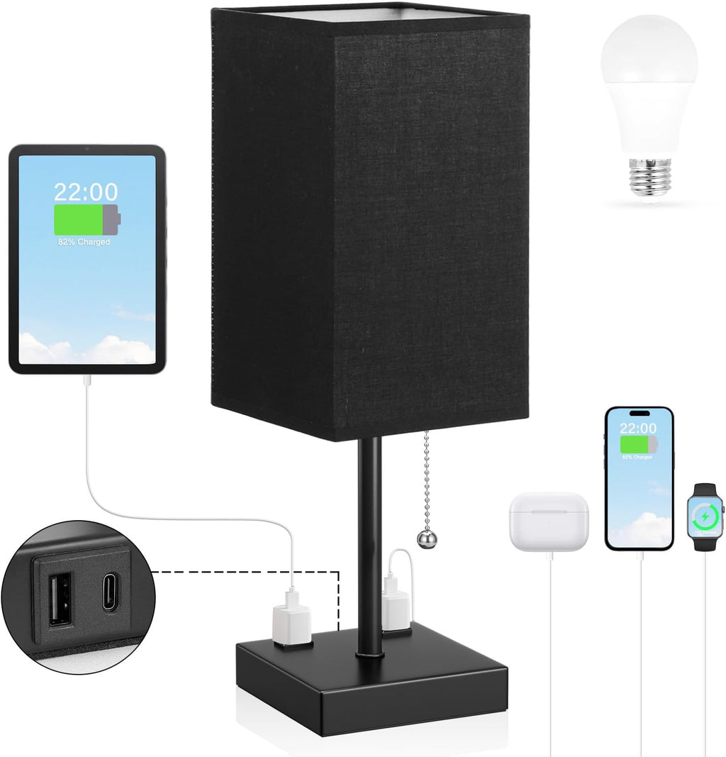 Aooshine Black Medium Table Lamp with USB Ports - 3 Color Temperature Bedside Lamp for Bedroom, Pull Chain Control, USB A and C Ports, 2 AC…