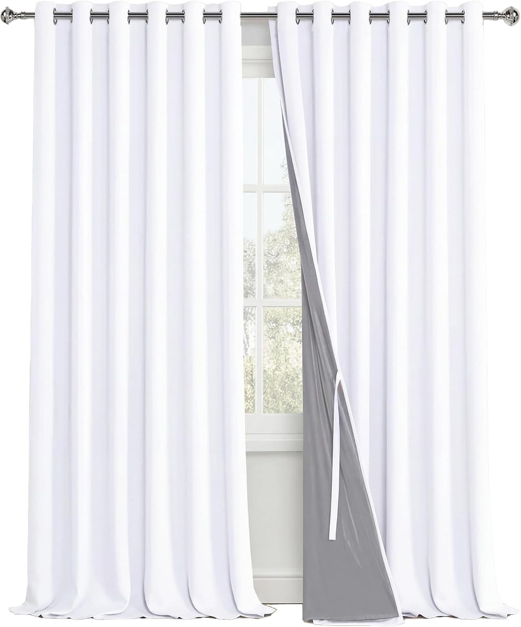 Xwzo White 100% Blackout Curtains - Heat and Full Light Blocking Drapes with Black Liner for Large Windows, Grommet Top Window Panels with…