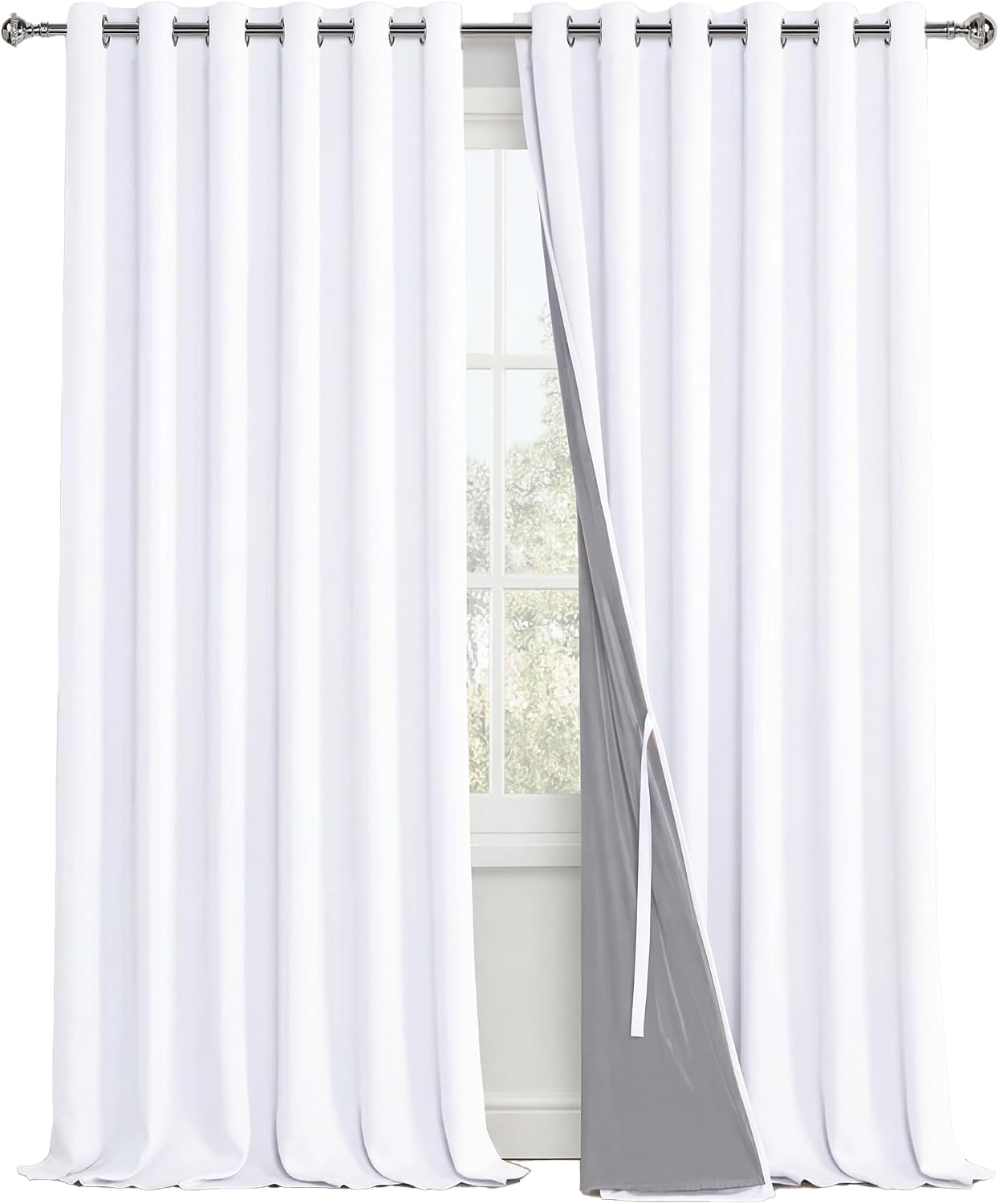 Xwzo White 100% Blackout Curtains - Heat and Full Light Blocking Drapes with Black Liner for Large Windows, Grommet Top Window Panels with…