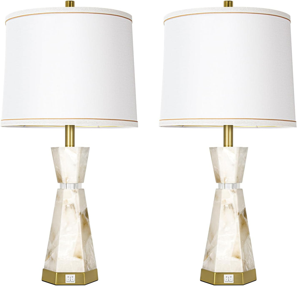 Natural Alabaster Table Lamp, Living Room Lamps Set of 2, Nightstand Lamp with Night Light, Lamps for Living Room With Linen Fabric…