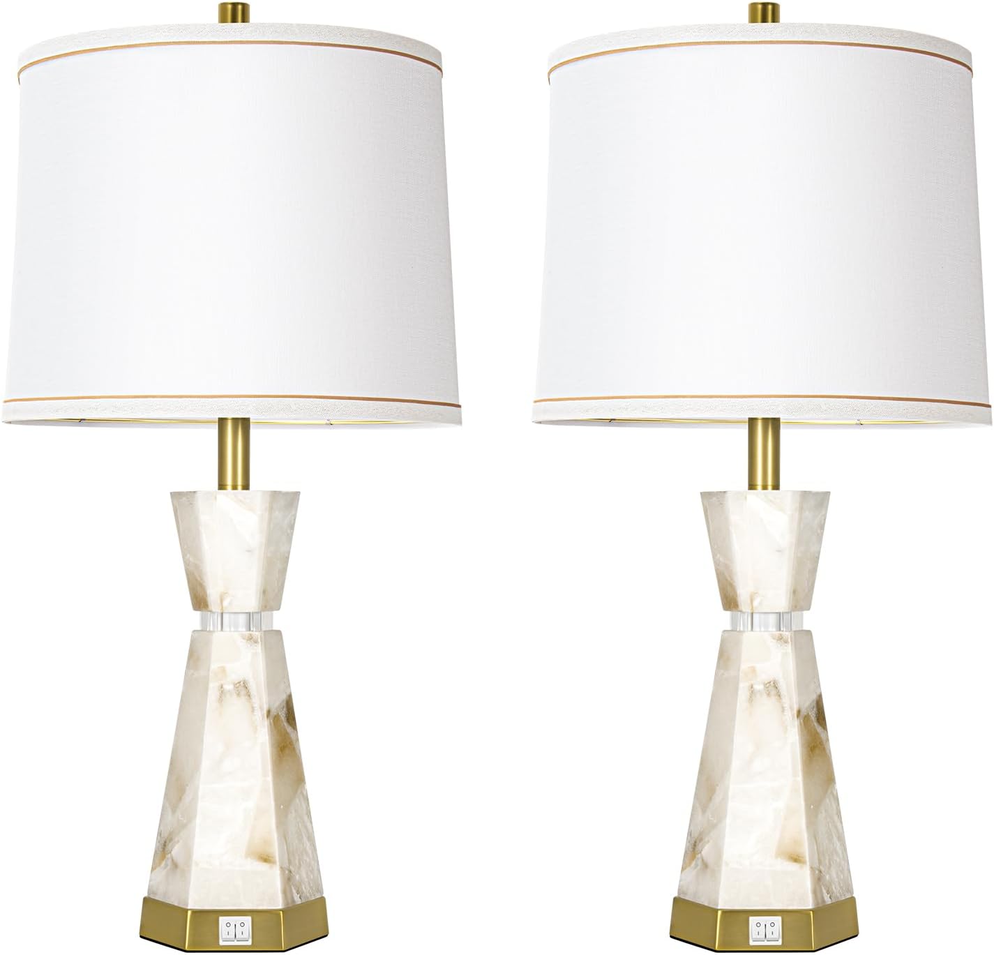 Natural Alabaster Table Lamp, Living Room Lamps Set of 2, Nightstand Lamp with Night Light, Lamps for Living Room With Linen Fabric…