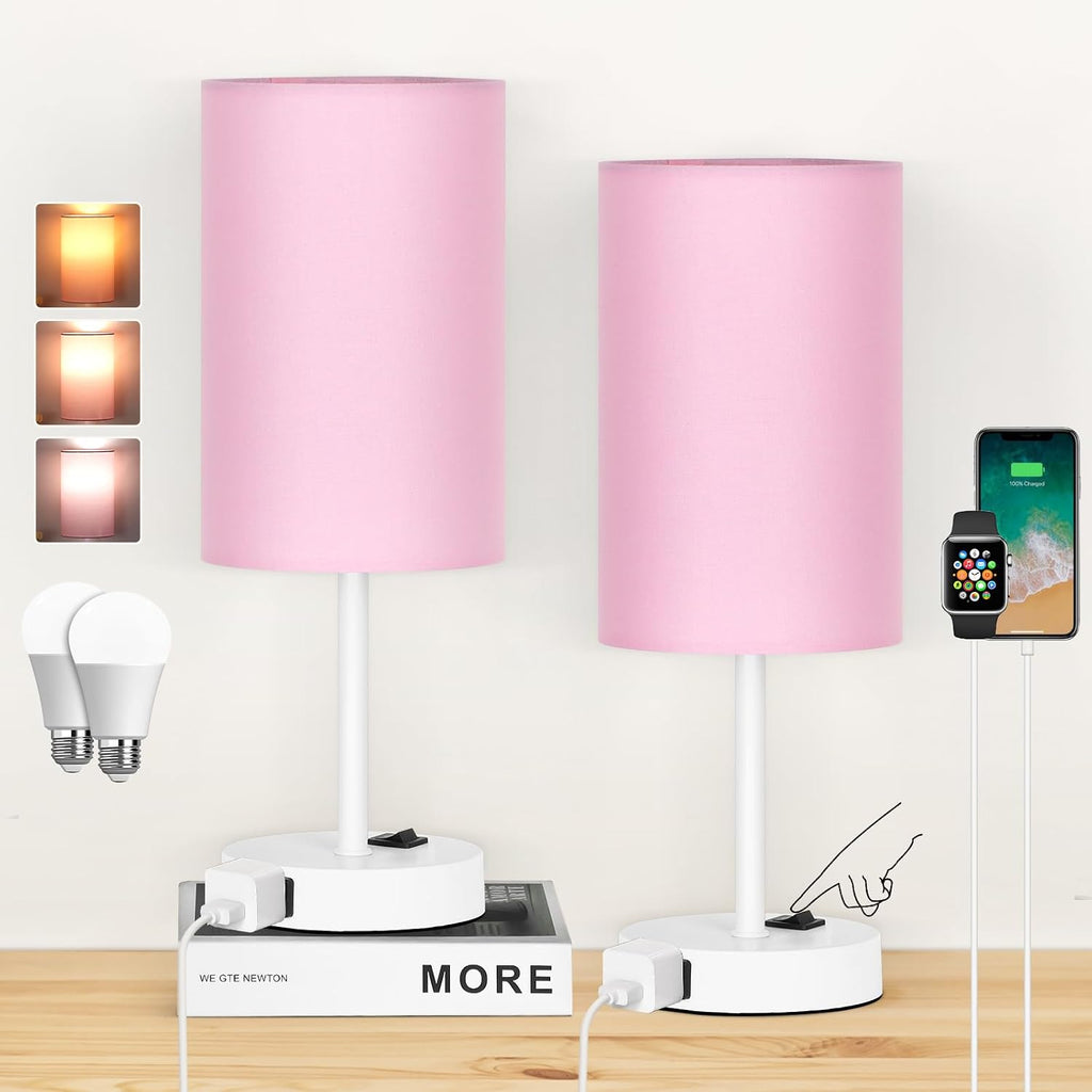 ZJOJO Table Lamp for Bedroom Set of 2, Bedside Small Lamps with 3 Way Dimmable Rocker Switch and AC Outlet, Nightstand Desk Lamp with…