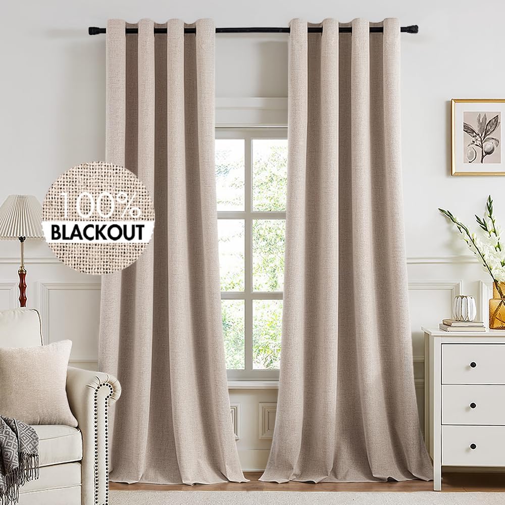 Miulee 100% Blackout Linen Textured Curtains for Bedroom 102 Inches Extra Long Thermal Insulated Natural Beige Grommet Room Darkening Curta…