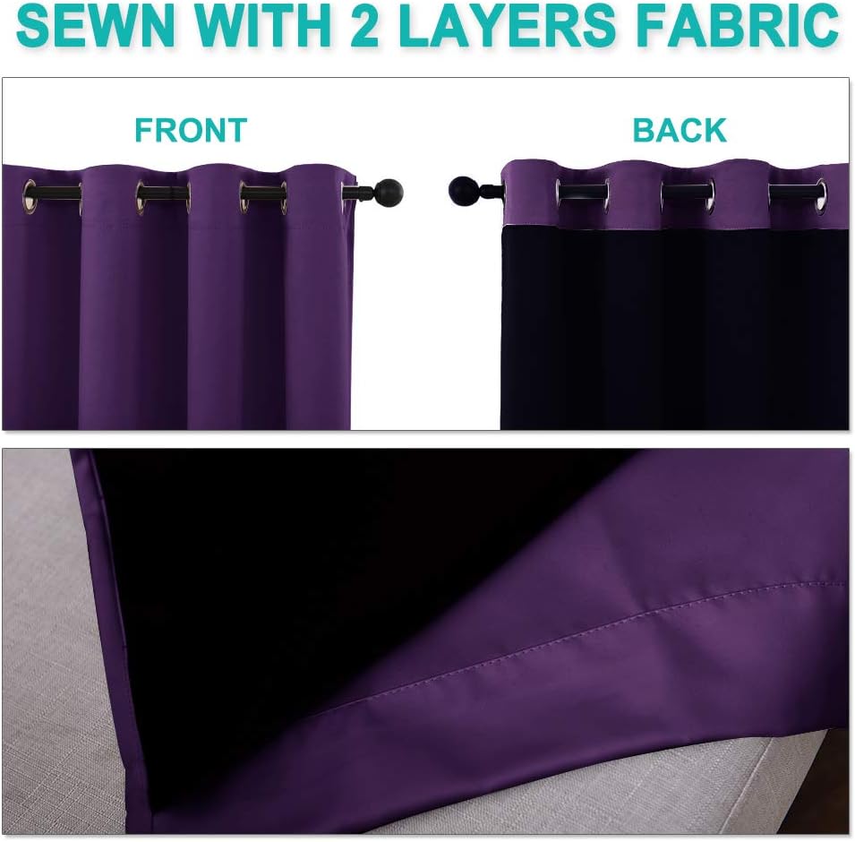 Nicetown 100% Blackout Curtains with Black Liner Backing, Thermal Insulated Curtains for Living Room, Noise Reducing Drapes, Royal Purple,…