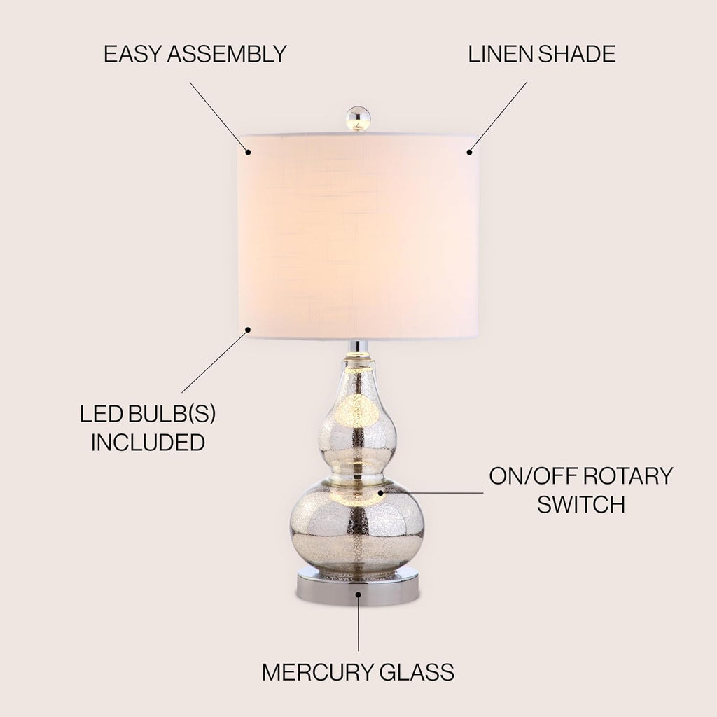 JONATHAN Y 20.5" Mercury Silver Glass Table Lamp, Modern Gourd Bedside Nightstand Lamp for Bedroom, Living Room, White Linen Shade, LED…